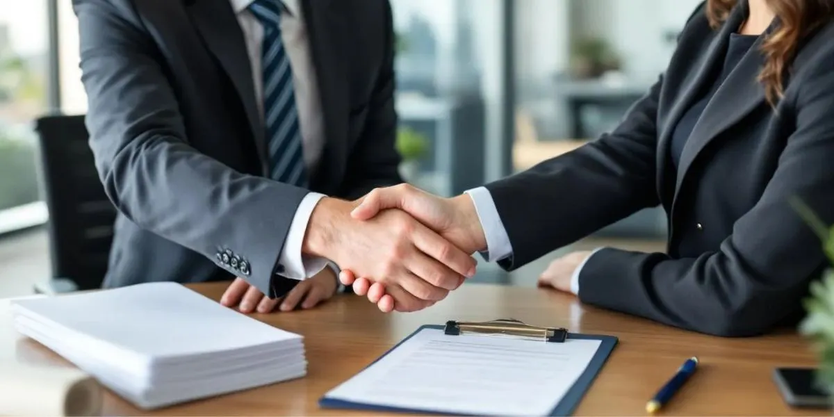 A solicitor and a client are engaged in a professional handshake over a stack of signed documents, symbolizing the successful completion of the conveyancing process. This moment marks a significant step in their property transaction, indicating that the ex