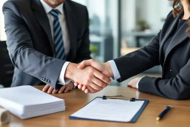 A solicitor and a client are engaged in a professional handshake over a stack of signed documents, symbolizing the successful completion of the conveyancing process. This moment marks a significant step in their property transaction, indicating that the ex