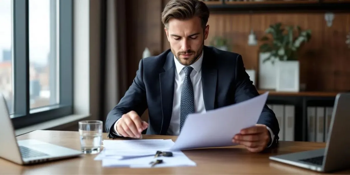 A professional solicitor is seated at a desk, carefully reviewing property documents alongside a set of house keys, reflecting the meticulous nature of the conveyancing process involved in property transactions. The scene emphasizes the importance of legal