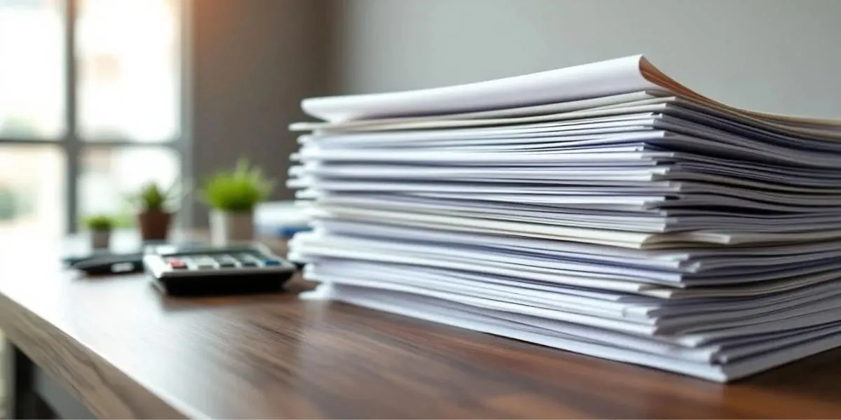 A stack of official documents and property search reports is neatly arranged on a desk, representing key elements of the conveyancing process, including contracts, property reports, and legal documents necessary for a property transaction.