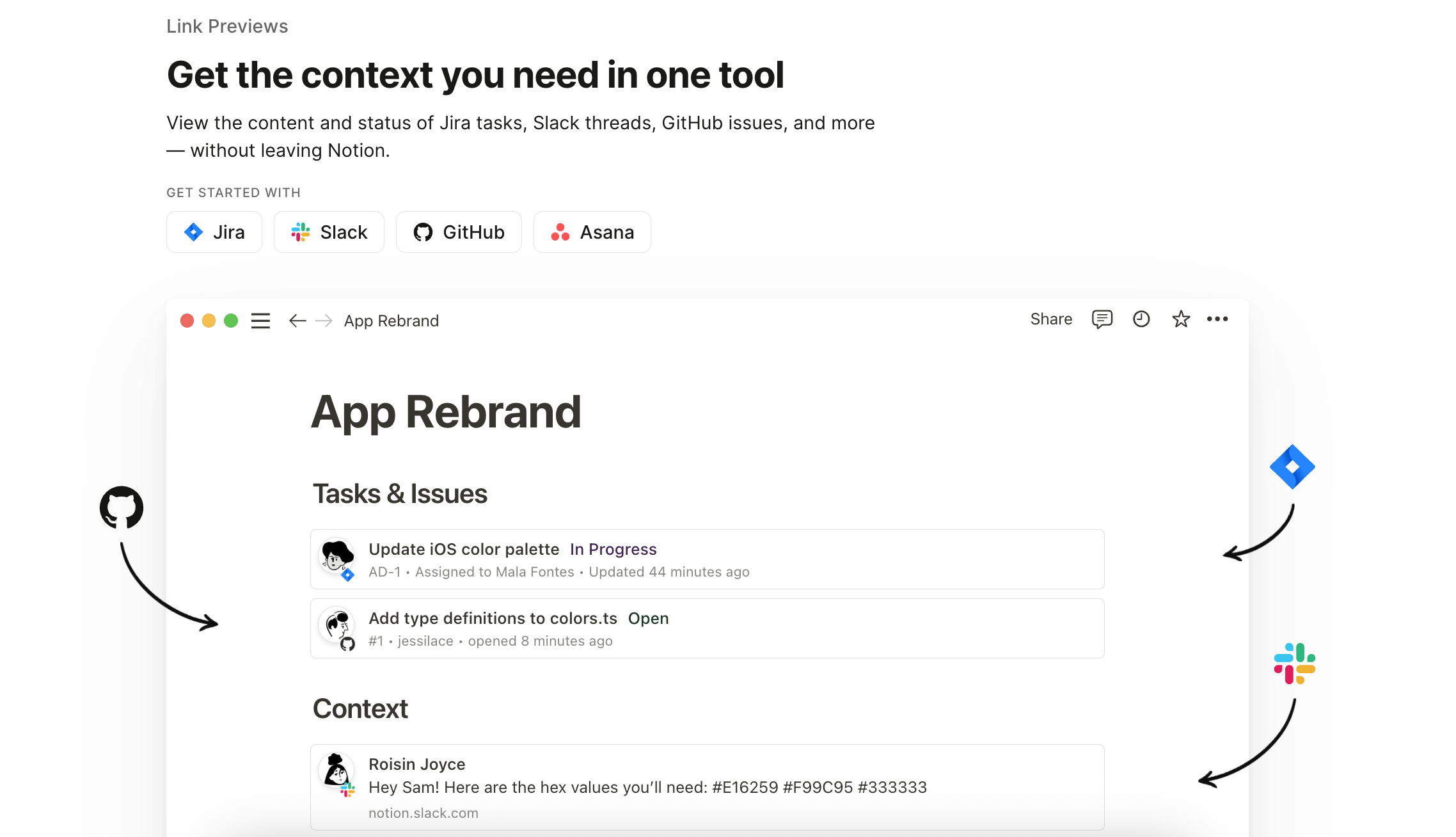 Beispielseite in Notion mit eingebundenen Aufgaben aus Jira und GitHub sowie Slack-Kommentaren im Kontext eines App-Rebrand-Projekts.