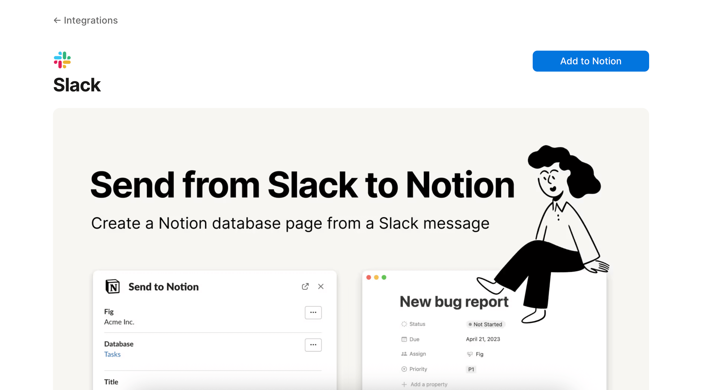 Illustration der Slack-Integration, bei der Nachrichten direkt als neue Datenbankeinträge in Notion übertragen werden können.