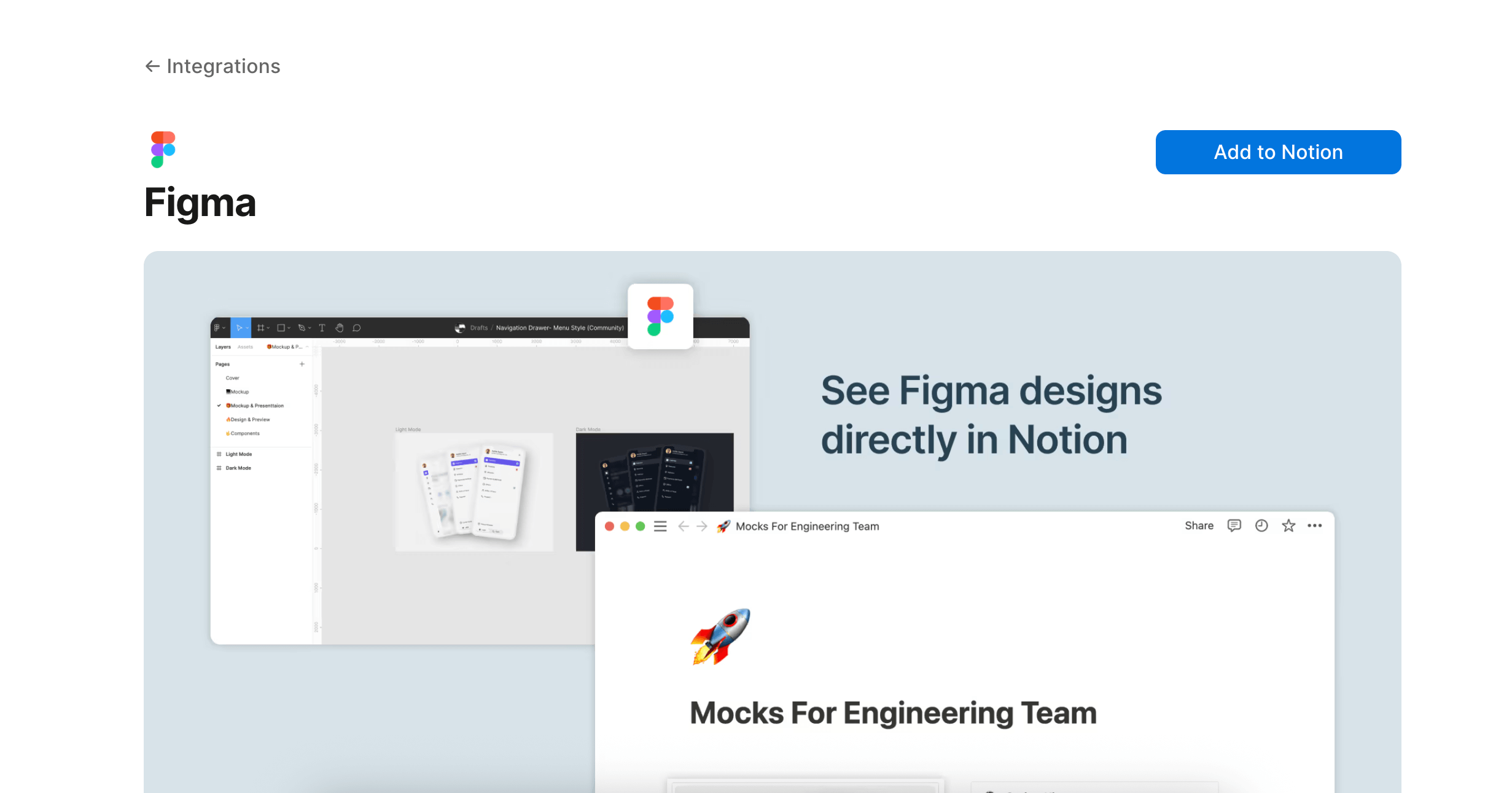 Notion-Integrationsseite für Figma mit eingebetteten Design-Previews direkt in einer Projektseite.