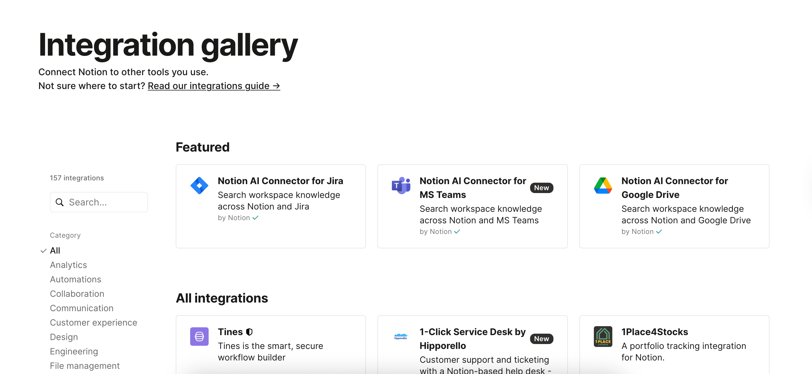 Screenshot der Notion Integration Gallery mit verschiedenen Kategorien und vorgestellten Tools wie Jira, MS Teams und Google Drive.