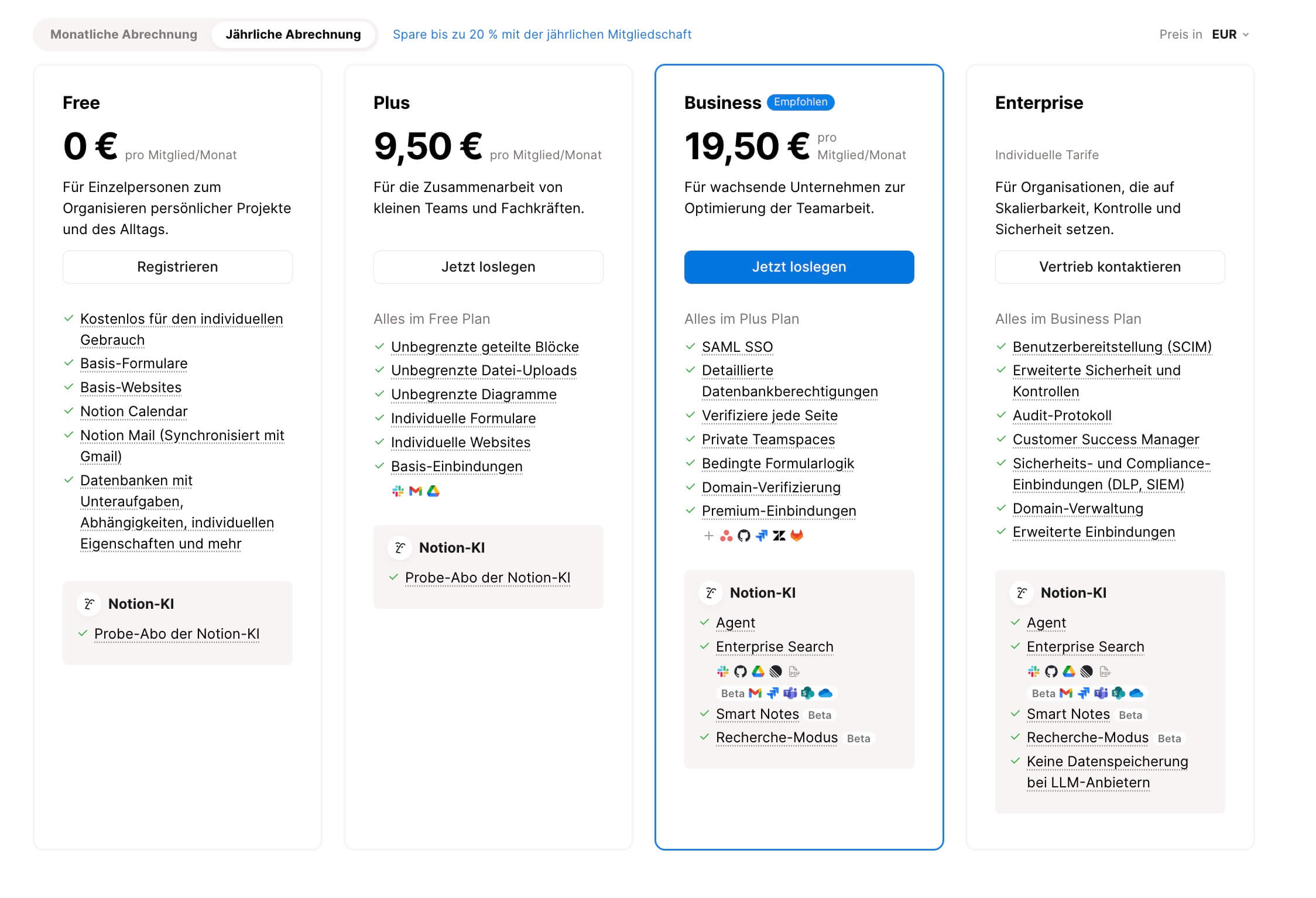 Screenshot der aktuellen Preisübersicht von Notion: Free, Plus, Business und Enterprise mit Notion-KI Funktionen