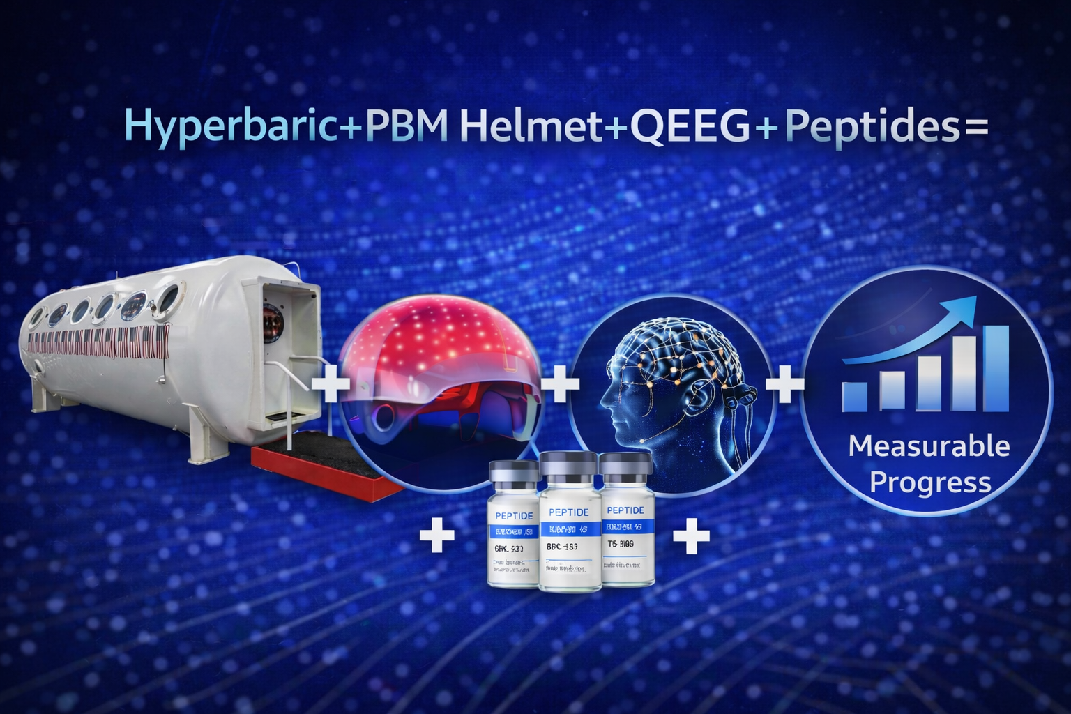 Hyperbaric air therapy, photobiomodulation helmet, QEEG brain mapping, and peptide education combined in a measurable progress framework