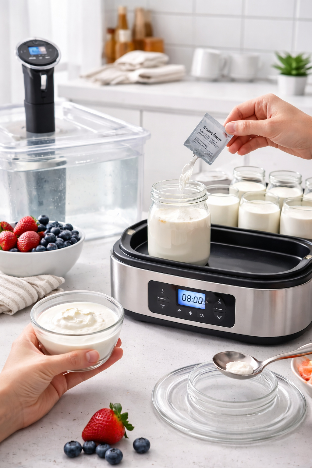 Equipment selected for controlled low-temperature probiotic yogurt fermentation at home