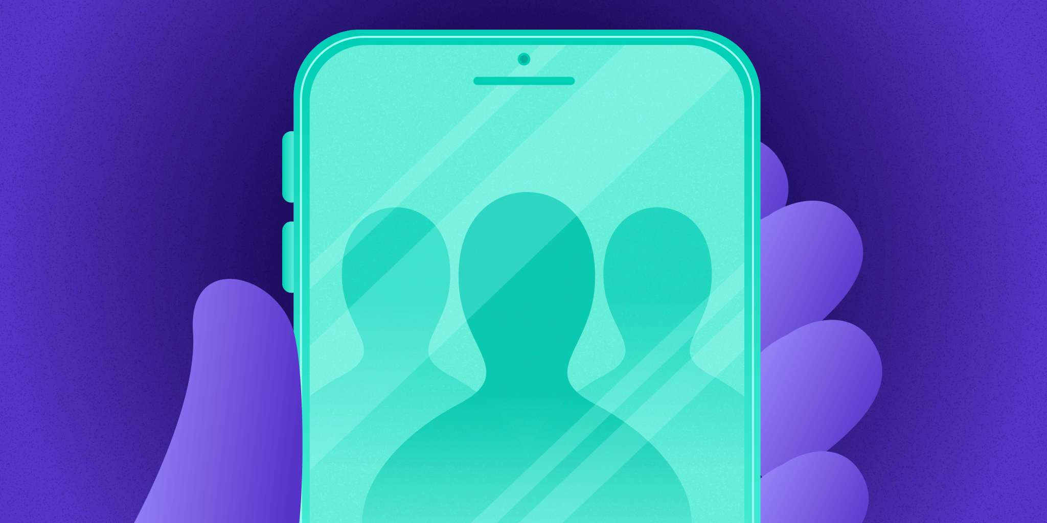 A stylized image shows a hand holding a smartphone. Reflected in the glass are the silhouettes of three people. 