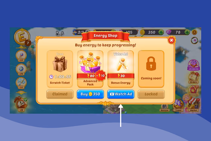 Out of energy rewarded video ad in EverMerge