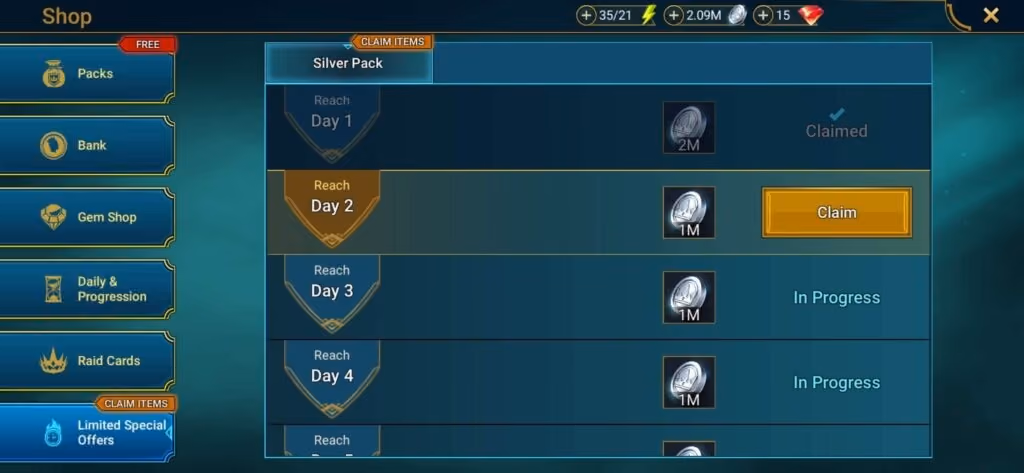 'Raid: Shadow Legends'의 기본 일일 로그인 보상 일정