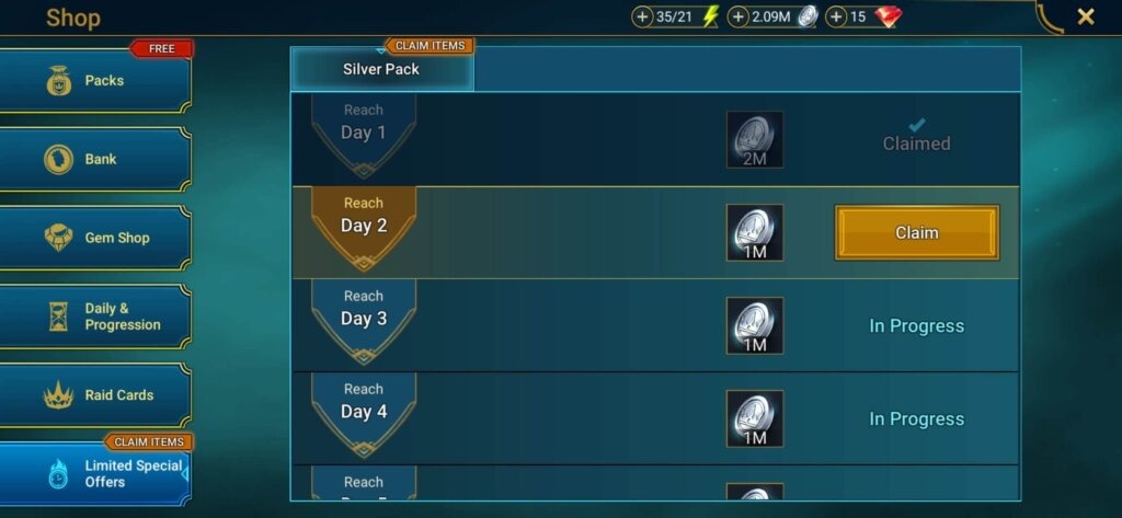 Standard daily login rewards calendar in Raid: Shadow Legends