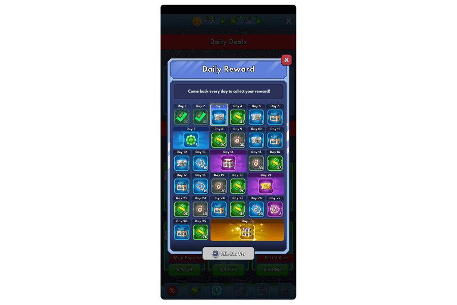 Flexible daily login rewards in Idle Miner Tycoon