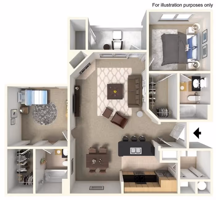 Floor plan rendering of the Bainbridge model apartment, featuring a 2-bedroom layout with two bathrooms and a spacious living and dining area at The Finley in Jacksonville, FL.