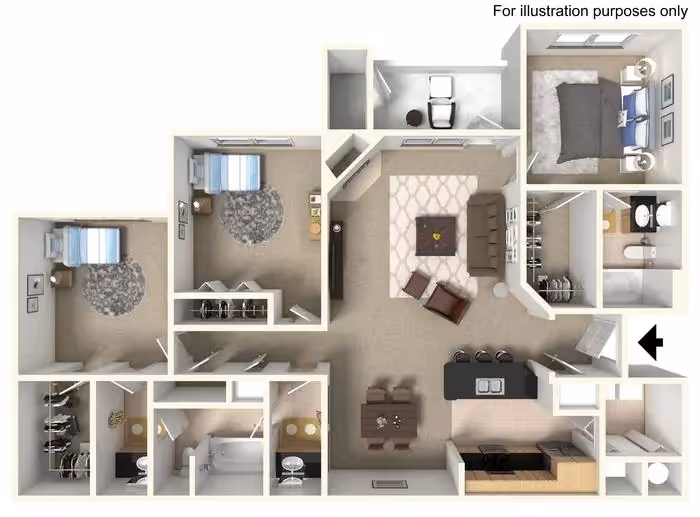 Floor plan rendering of the Monterey model apartment, illustrating a 3-bedroom layout with open-concept common areas and multiple bathrooms at The Finley in Jacksonville, FL.