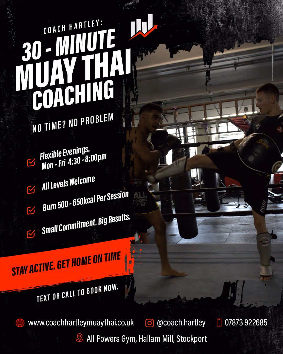 Two men practicing Muay Thai in a gym ring, with one delivering a high kick to the other's chest pad.