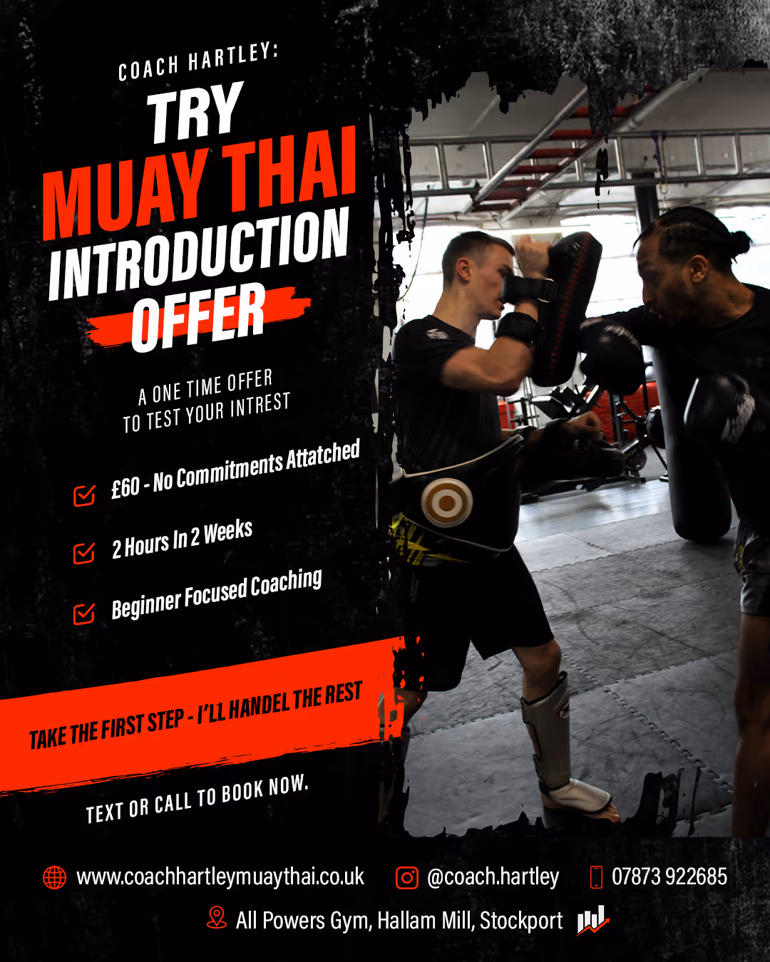 Coach Hartley offering a Muay Thai introduction with a one-time £60 offer featuring beginner coaching, shown with two men training in a gym.