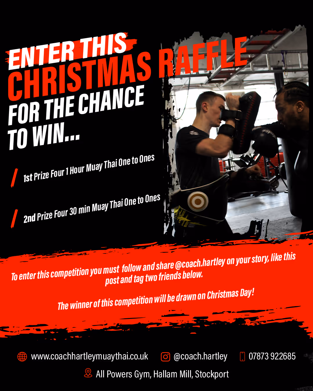 Promotional image for a Christmas raffle with two men training Muay Thai; prizes include one-on-one sessions and entry instructions below.