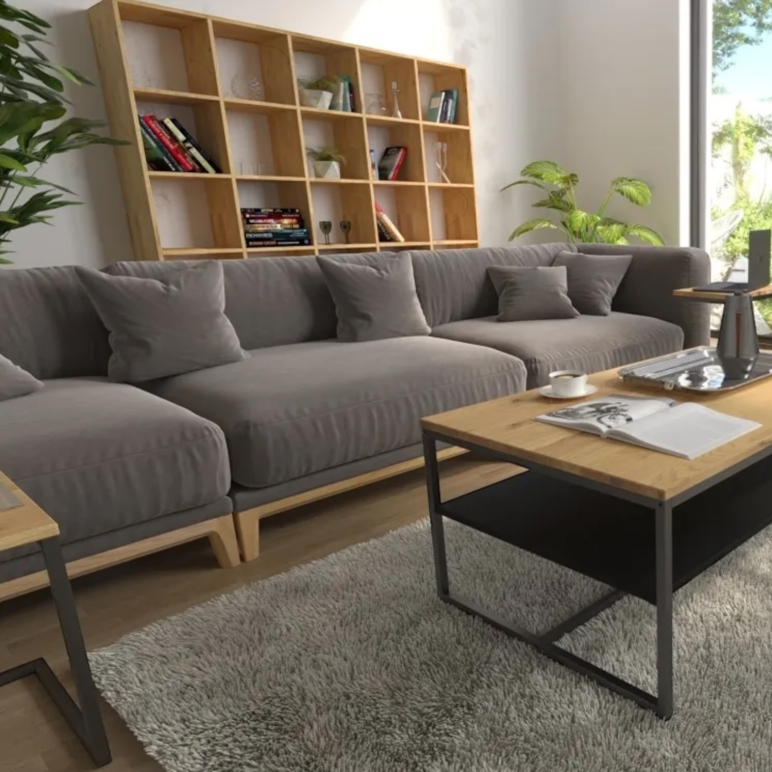 Close-up of the Dallas coffee table showcasing detailed oak grain and minimalist black steel legs in a chic urban-style interior