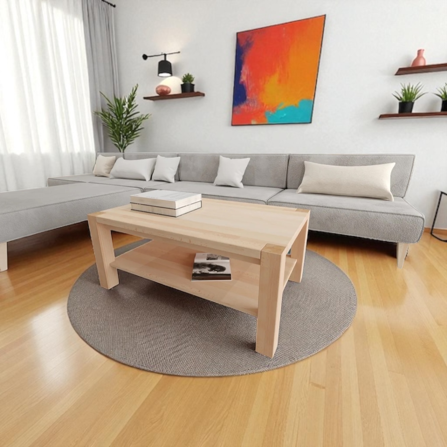 The Havana square beech table beside a bed with neutral décor, combining simplicity and lasting design