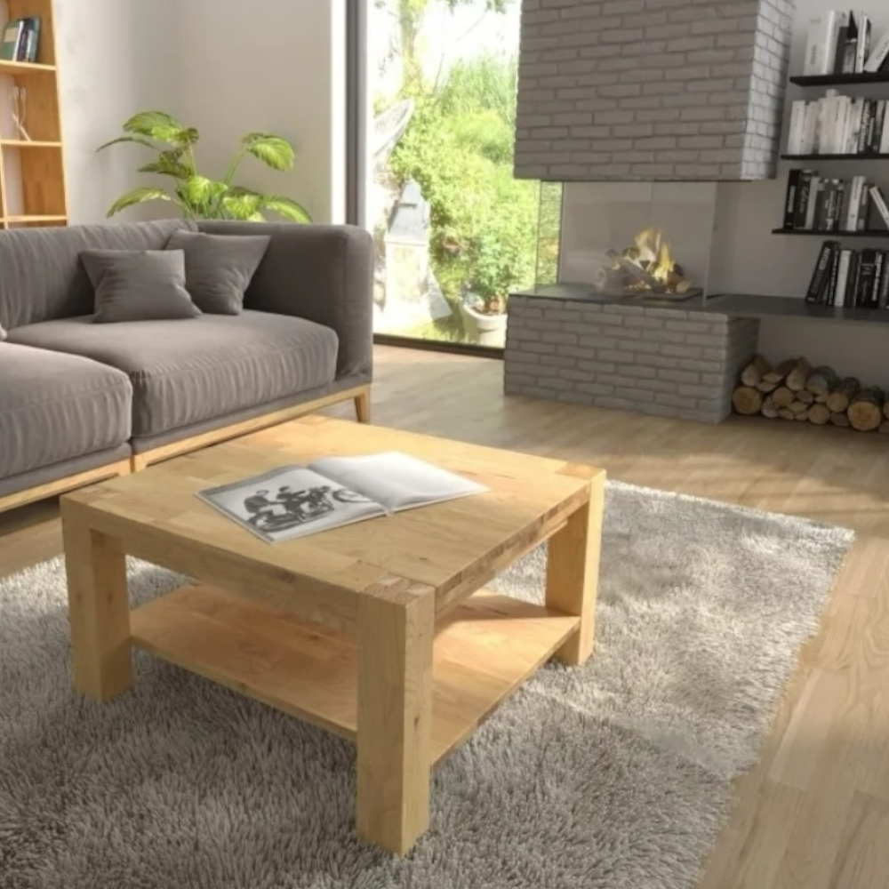 Johnny coffee table made of solid oak, styled in a light living room with neutral tones and cozy accents