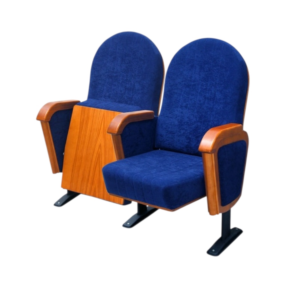 “Barcelona” theater chair with rounded backrest and wooden overlays