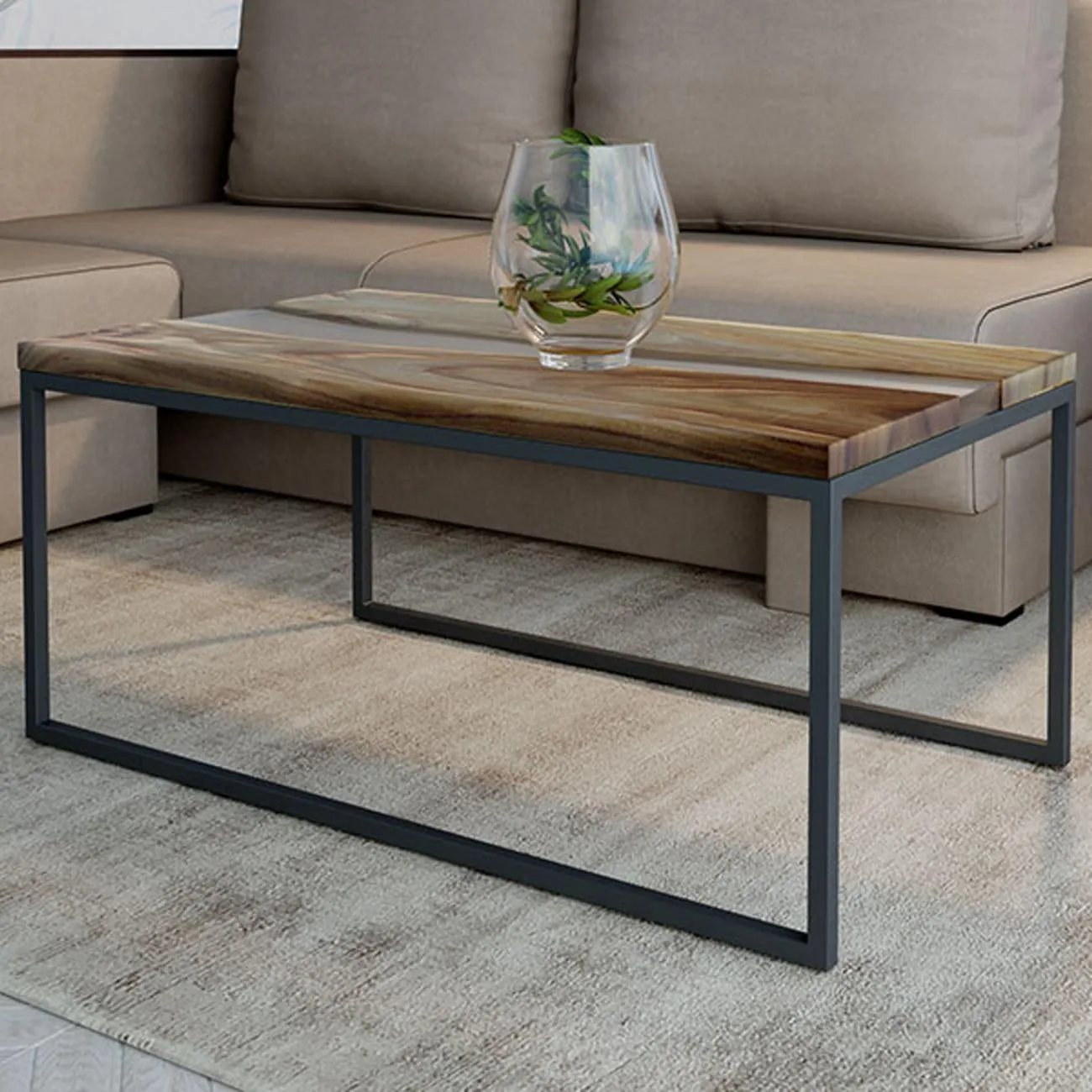 Terry coffee table crafted from natural oak with flowing epoxy resin inlays and solid metal supports for a contemporary look