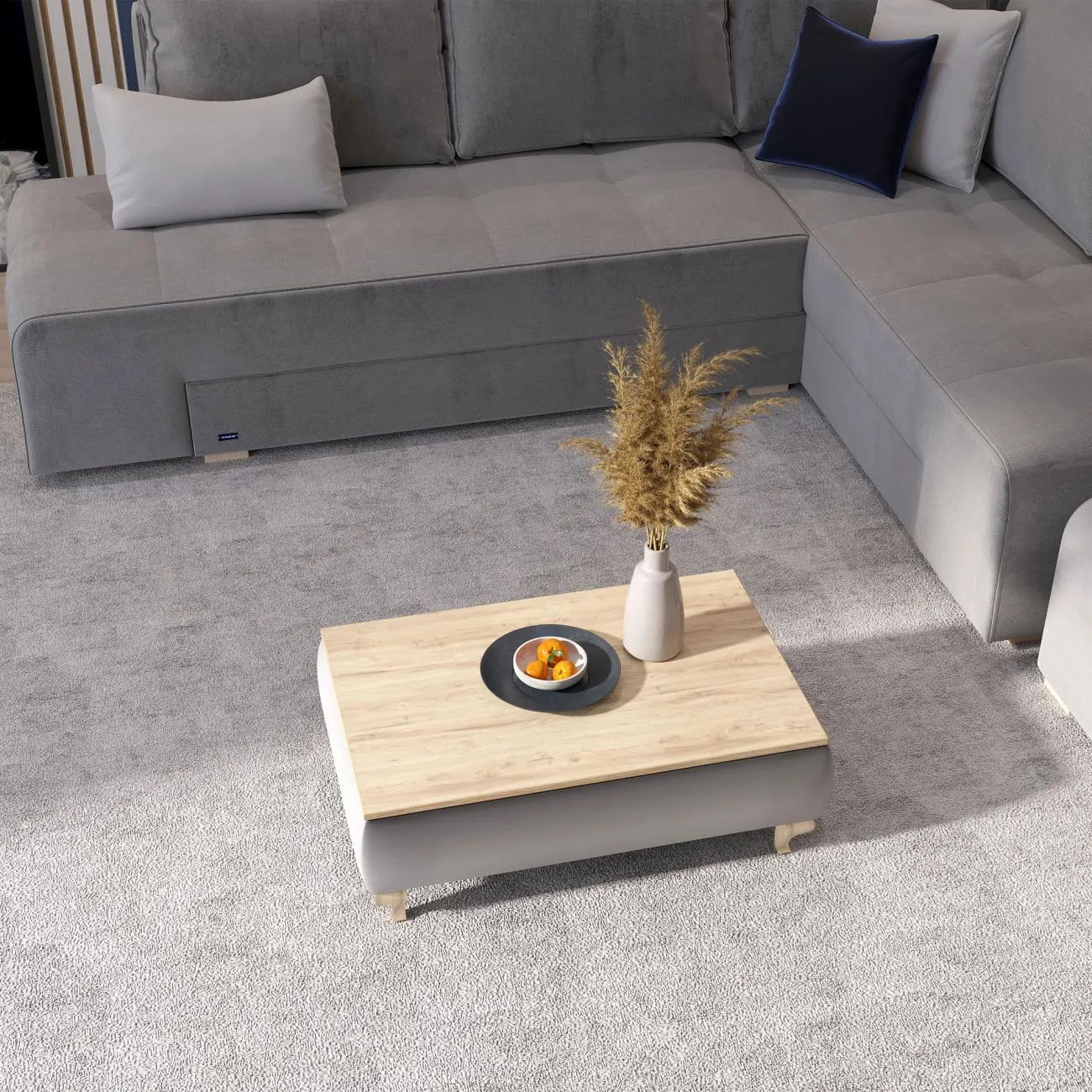 Edwin coffee table with oak top and upholstered base that can match your sofa’s fabric, blending function and design