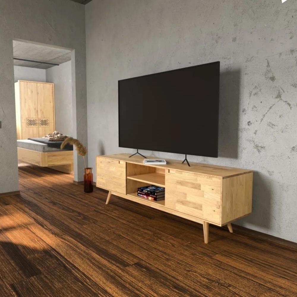 Solid oak or beech Scandi-style TV stand with minimalist design, ideal for modern interiors