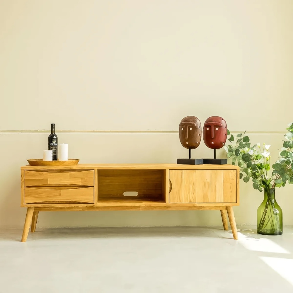 Long oak TV unit with drawers, closed cabinet, and cable access—featuring curved modern design and eco materials