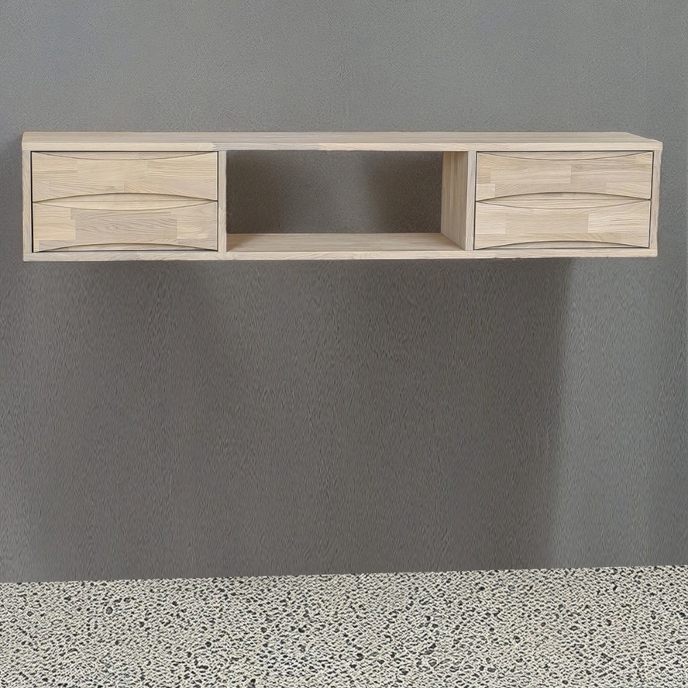 Floating oak TV unit with two drawers and open compartment – minimalist hanging design for modern interiors