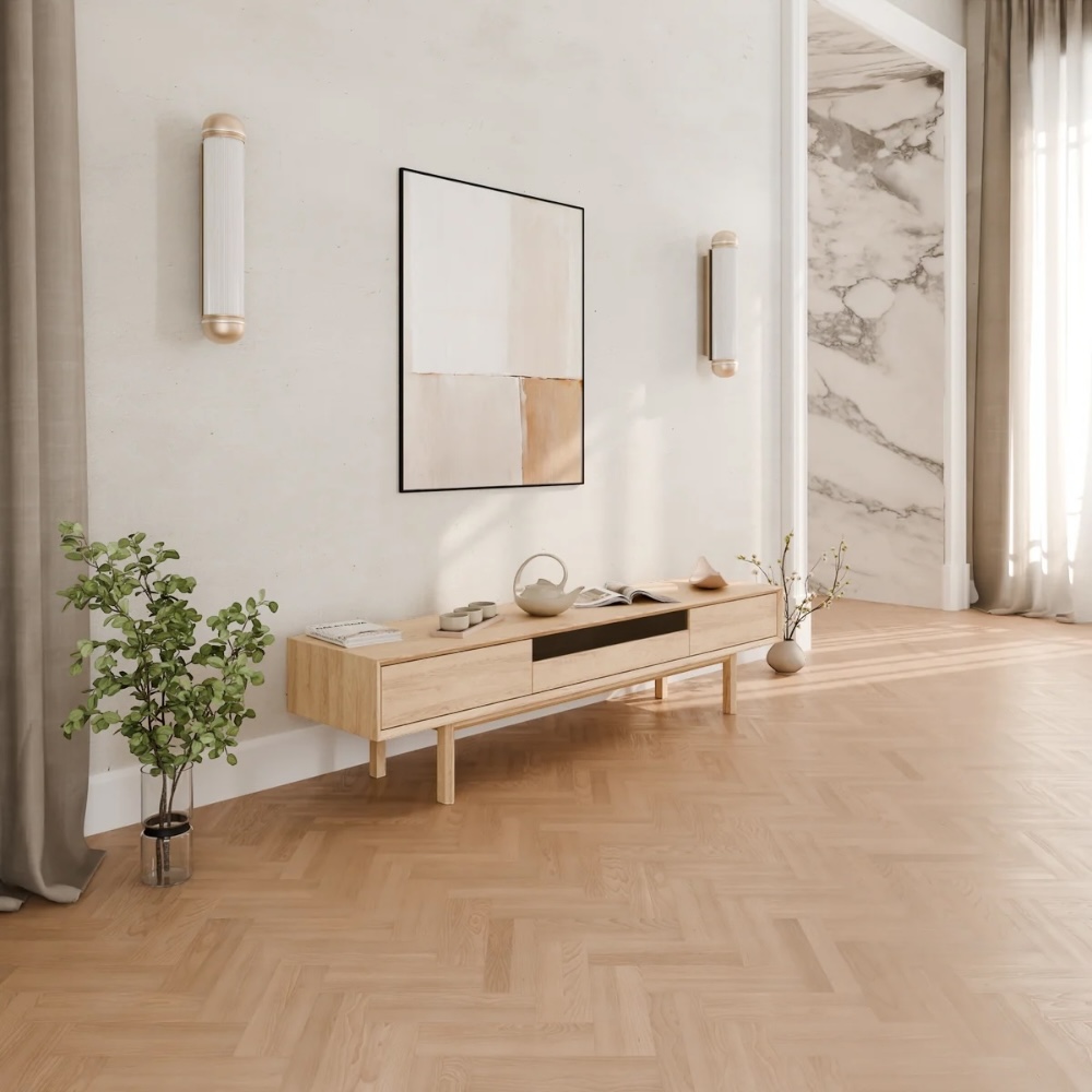 Oak TV stand with open shelf and drawers – perfect for modern media organization