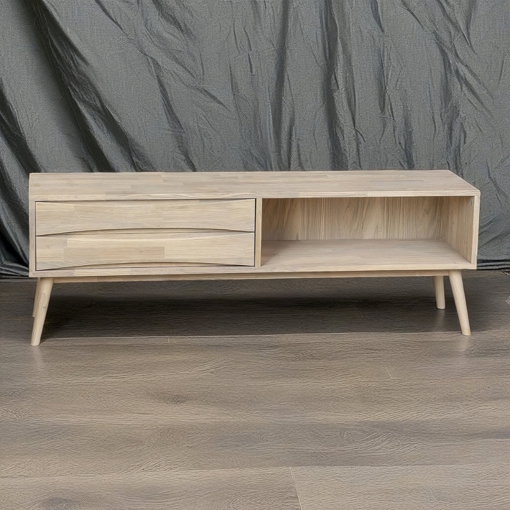 Modern oak TV stand with drawers and open space for media and décor, perfect for contemporary interiors
