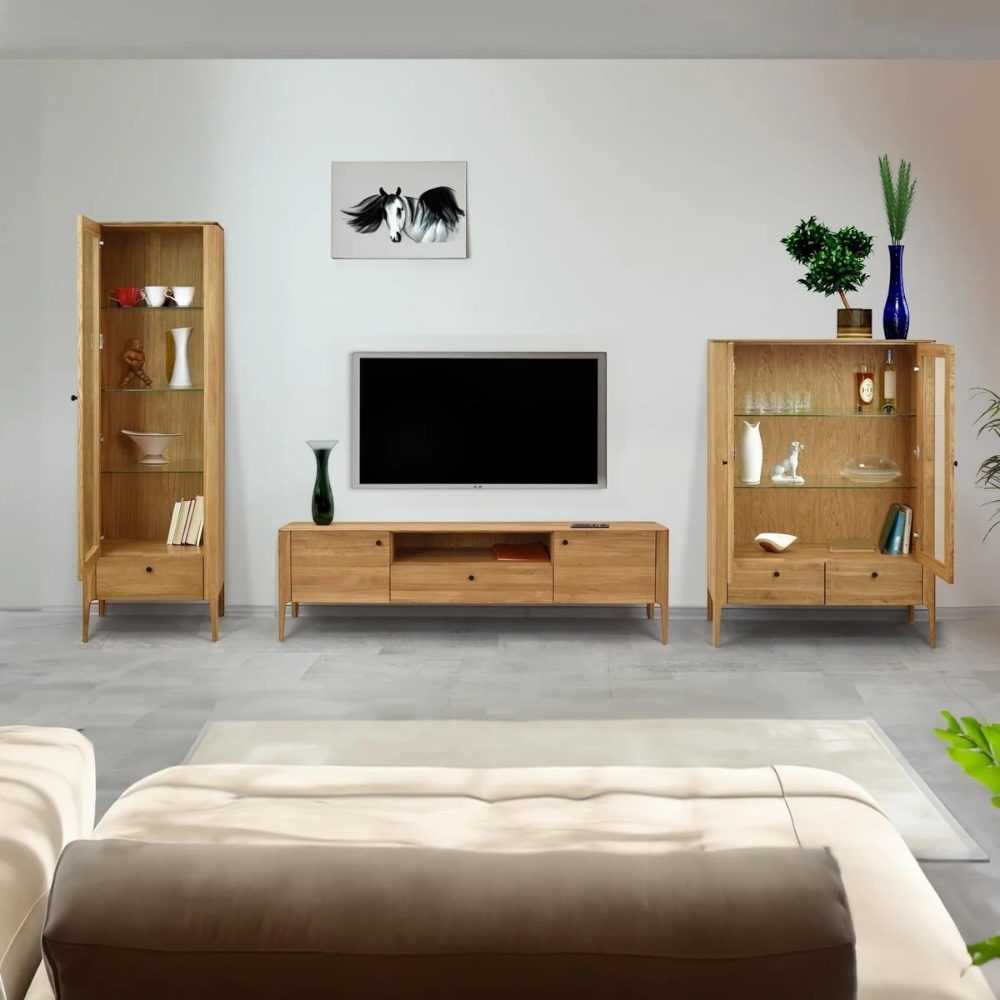 Natural oak TV stand with drawers and central shelf, perfect for organizing electronics and décor