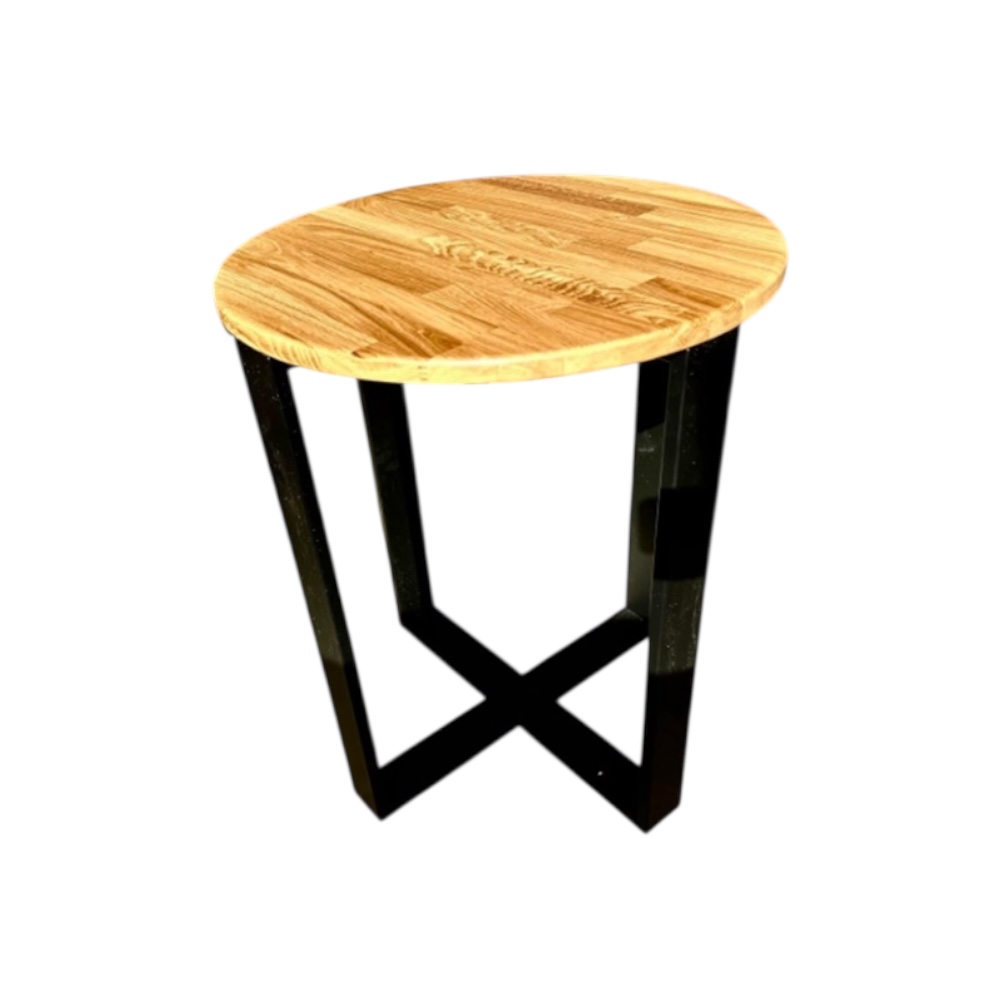 Industrial-style round oak coffee table with black frame