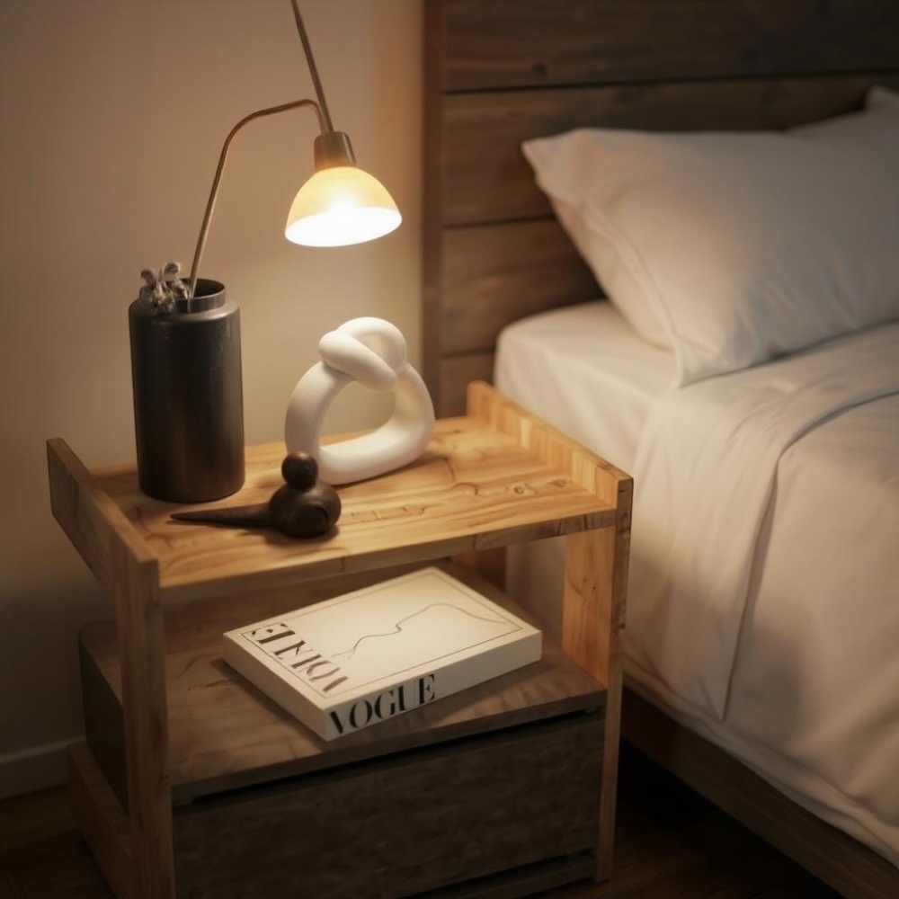 Natural wood bedside table with drawers and minimalist design