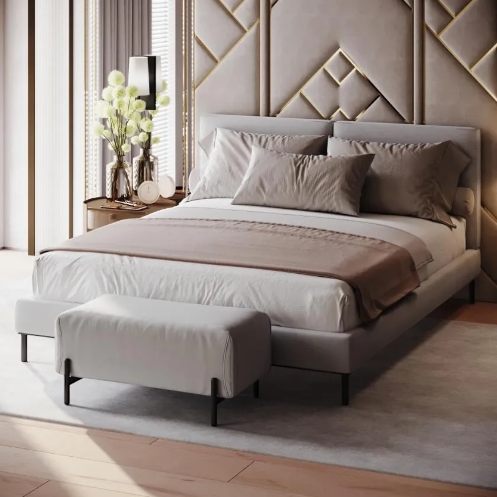 Nikki bed with pouf in modern bedroom interior