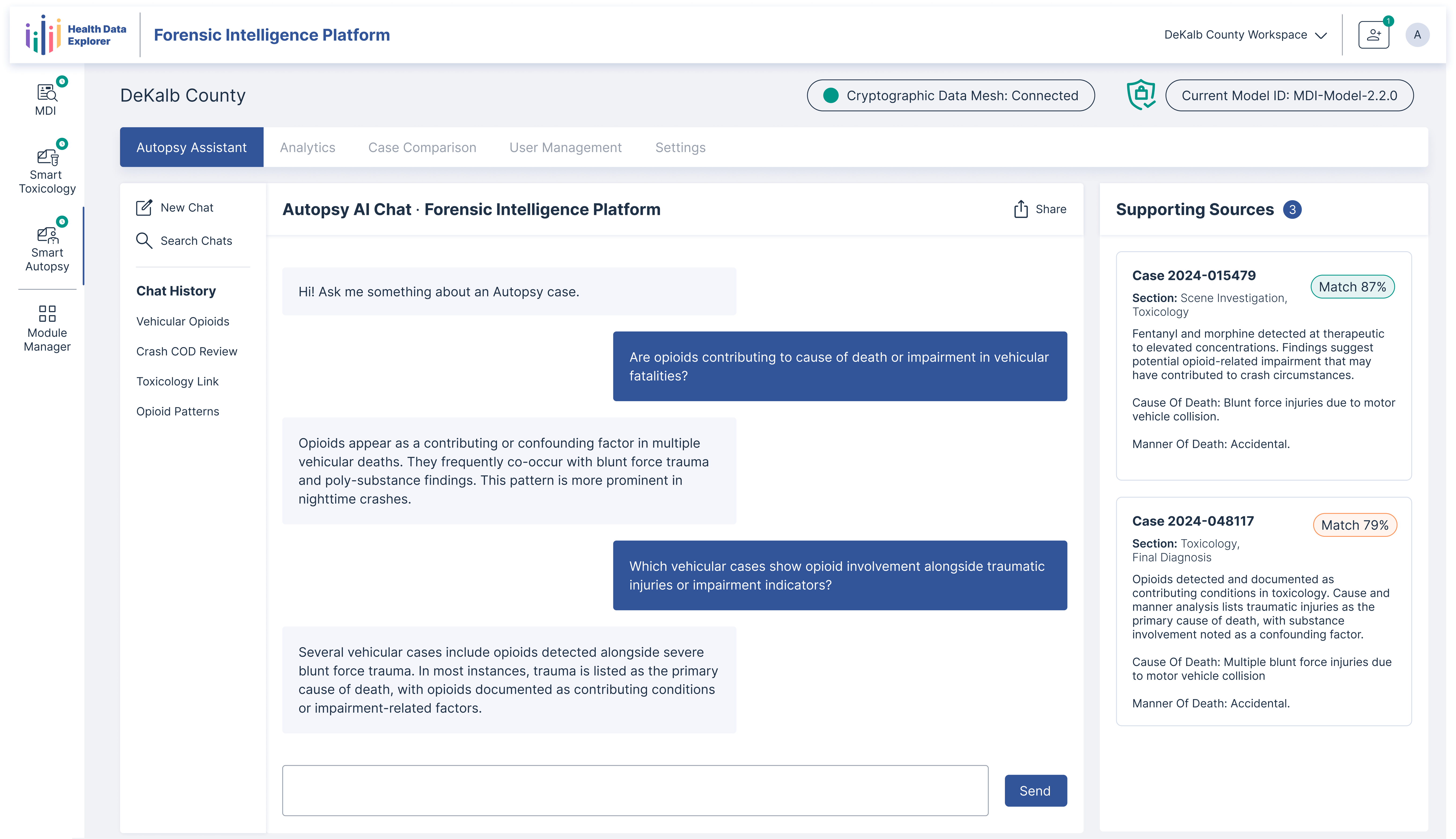 Forensic Intelligence Platform interface showing Autopsy AI Chat discussing opioids' role in vehicular deaths with matching case sources listed.