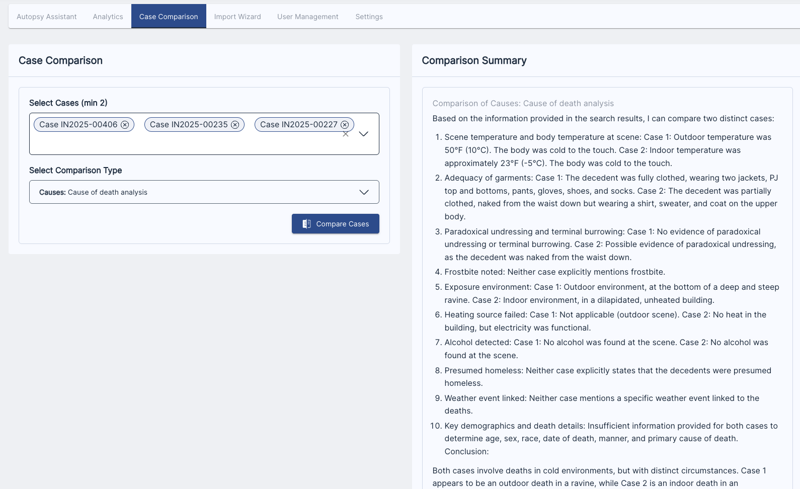 Screenshot of a case comparison interface showing selection of three cases for cause of death analysis and a detailed comparison summary of scene temperature, garment adequacy, undressing, frostbite, environment, heating source, alcohol detection, homelessness, weather event, and demographic details.