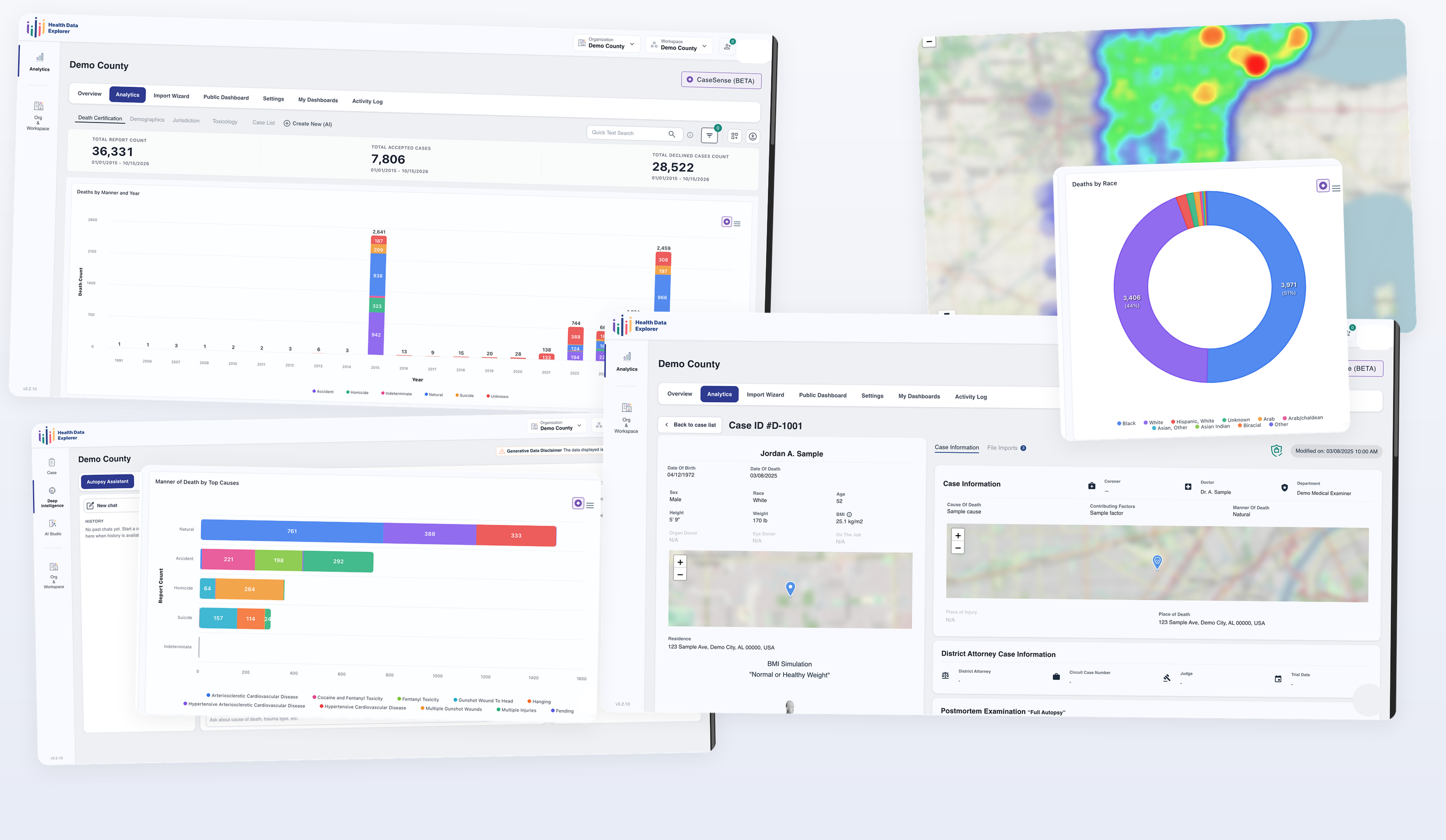 Dashboard showing an Autopsy AI chat discussing fentanyl cases, workspace invitations, drug-induced causes of death pie charts, heatmap visualization, case details, bar chart of report counts by cause, and workspace management table.