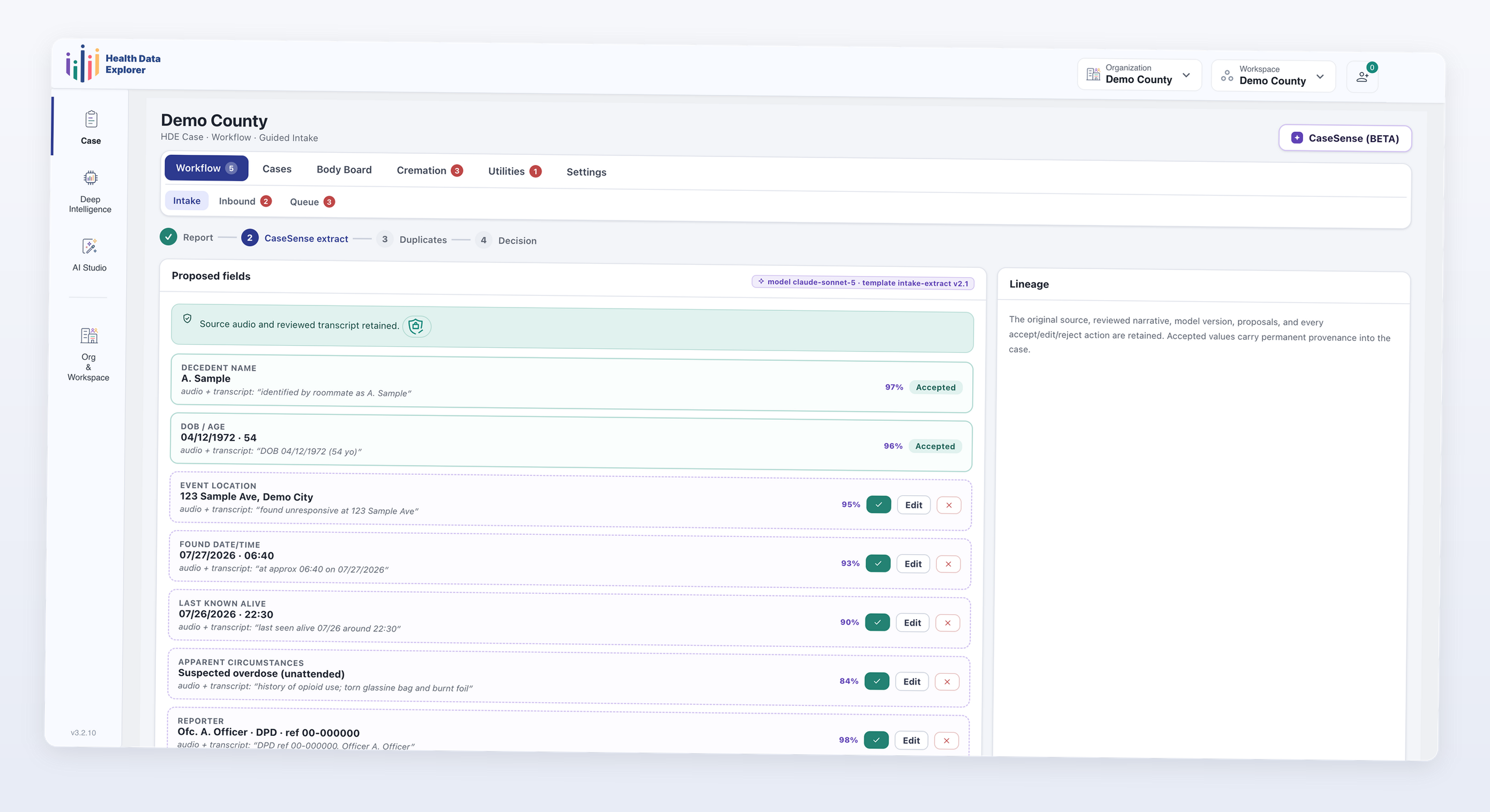 Forensic Intelligence Platform interface showing Autopsy AI Chat discussing opioids' role in vehicular deaths with matching case sources listed.