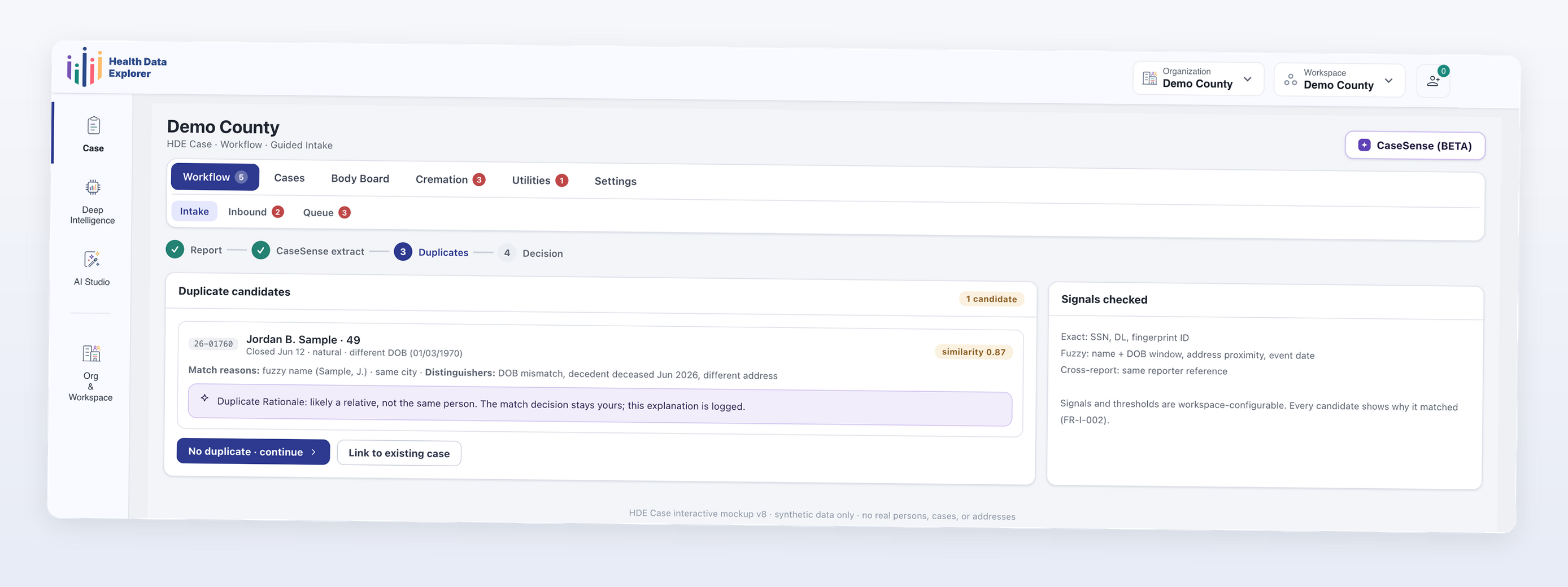 Screenshot of a case comparison interface showing selection of three cases for cause of death analysis and a detailed comparison summary of scene temperature, garment adequacy, undressing, frostbite, environment, heating source, alcohol detection, homelessness, weather event, and demographic details.