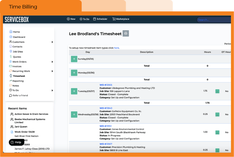 ServiceBox timesheet showing job details and recorded technician hours.