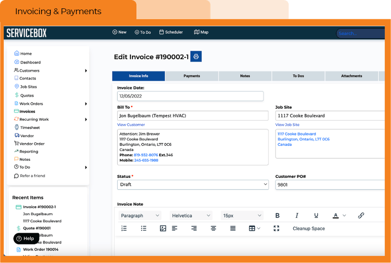 ServiceBox invoice editing screen showing customer, job site, invoice status and billing details.