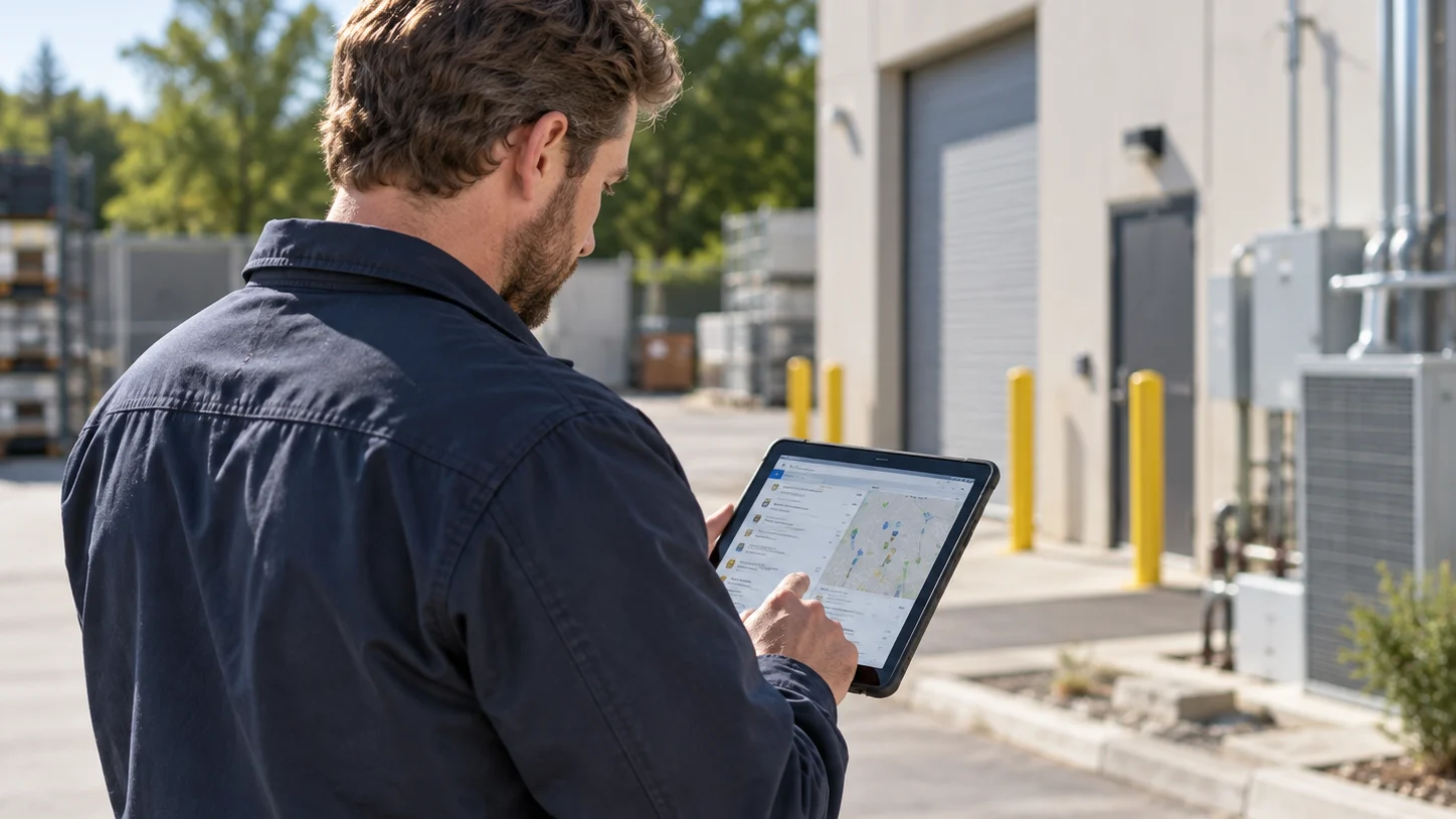 Field service technician reviewing dispatch schedule on a tablet