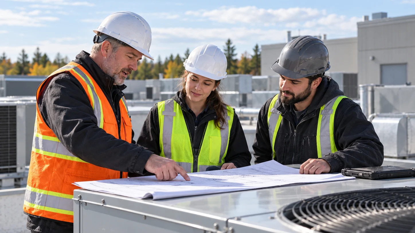 Commercial HVAC team reviewing plans beside rooftop equipment