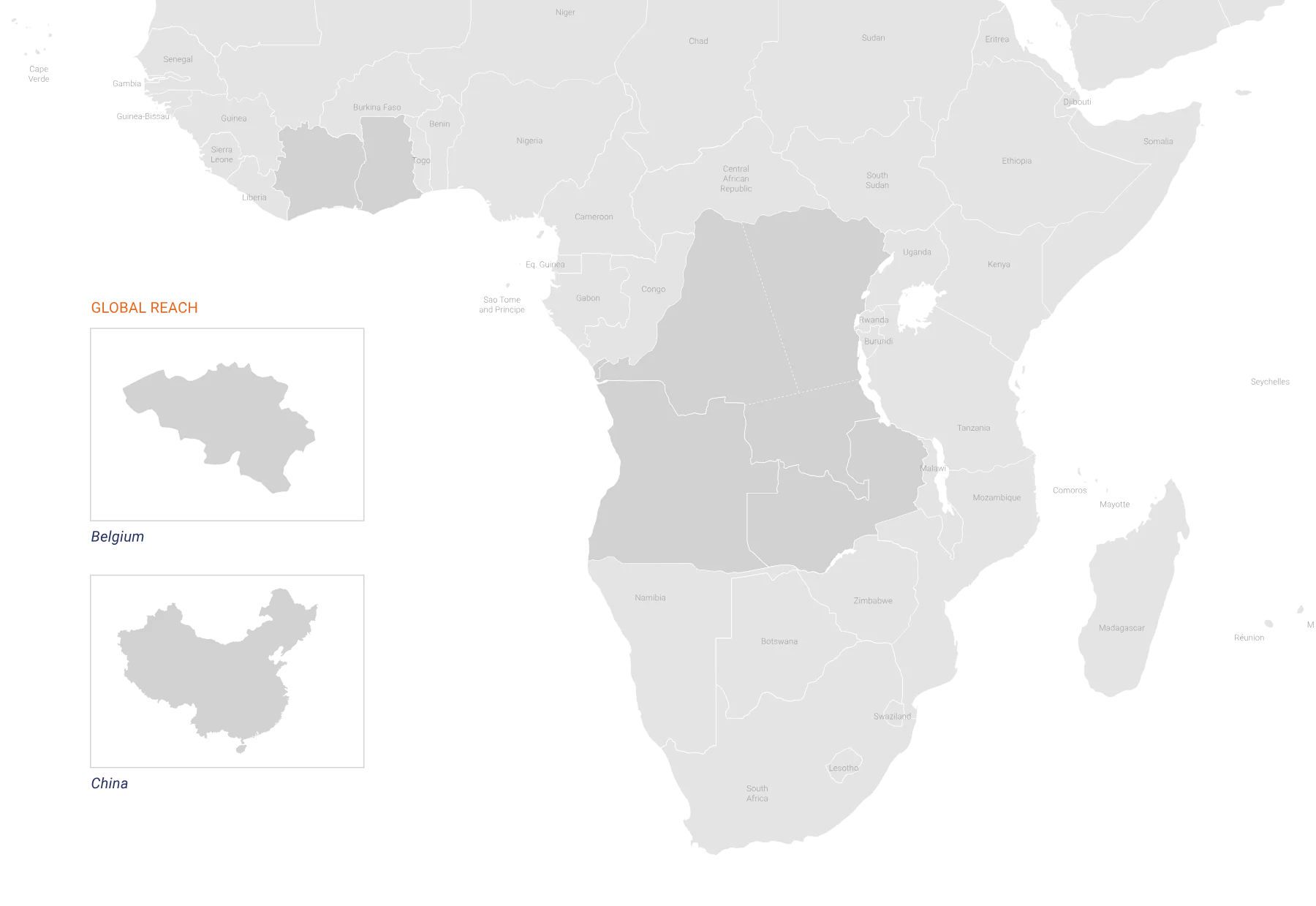 Map of Africa showing Connex offices and transport corridors, with inset maps of Belgium and China