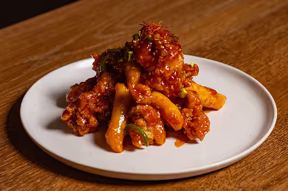 Plate of spicy Korean fried chicken with rice cakes topped with sesame seeds on a wooden table.