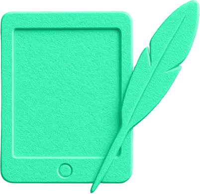 A green icon of an ipad and quill