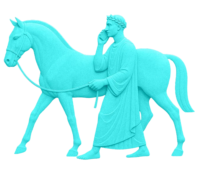 A graphic of a figure and horse