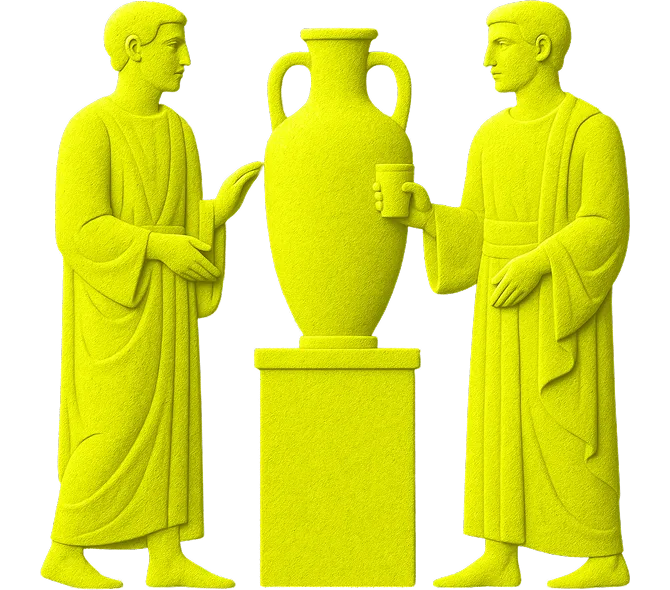 A graphic of two figures and a vase